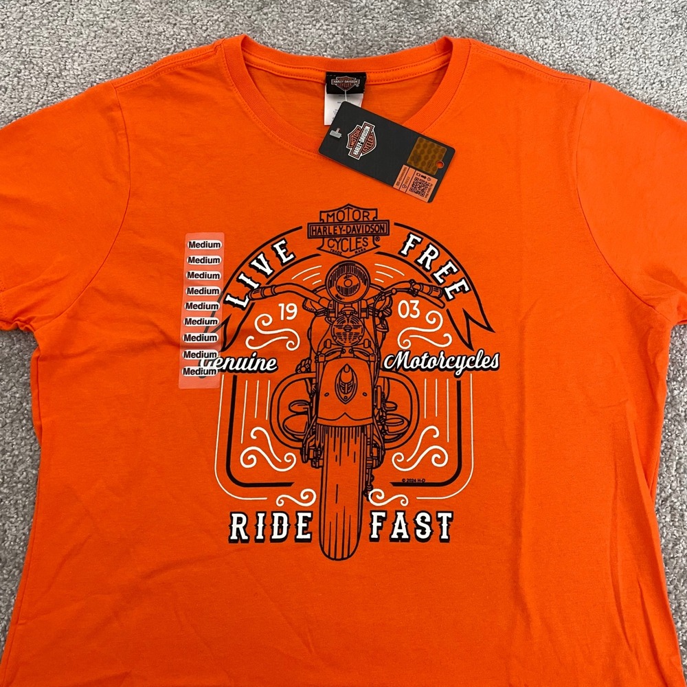 NEW Harley-Davidson Womens Medium Graphic Tee Live Free Ride Fast Orange NEW